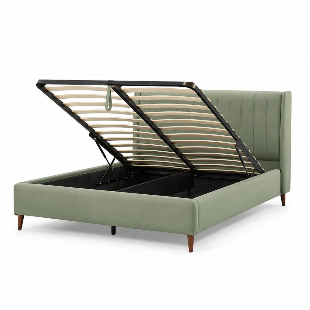 Lit coffre 160 x 200 cm en velours de polyester vert avec tête de lit rainurée