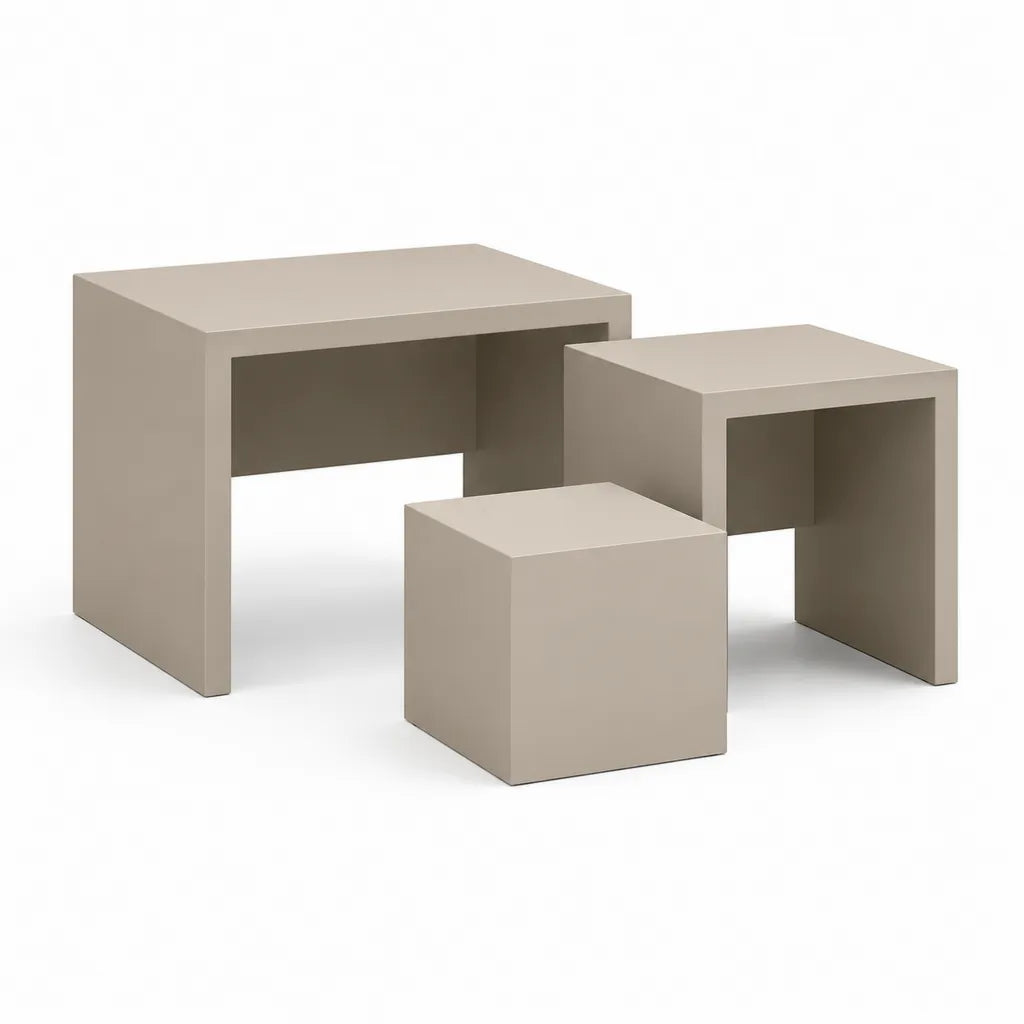 Lot de 3 tables basses gigognes en MDF laqué taupe rectangulaires et carrée 70 x 50 x 45 cm 55 x 40 x 38 cm 35 x 35 x 35 cm