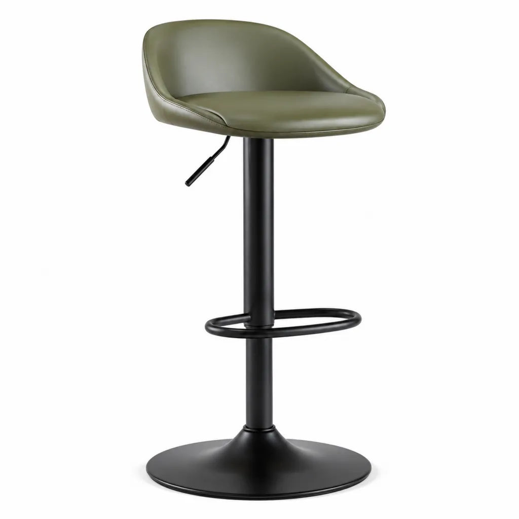 Tabouret de bar réglable en hauteur avec dossier en PU vert olive et acier noir 48 x 52 x 91-112 cm