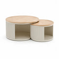 Lot de 2 tables basses gigognes rondes avec rangement en MDF plaqué chêne clair beige Ø80 x H40 cm et Ø60 x H35 cm