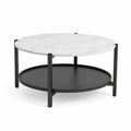 Table basse ronde 80 x 80 x 45 cm plateau effet marbre blanc structure en acier noir avec tablette basse