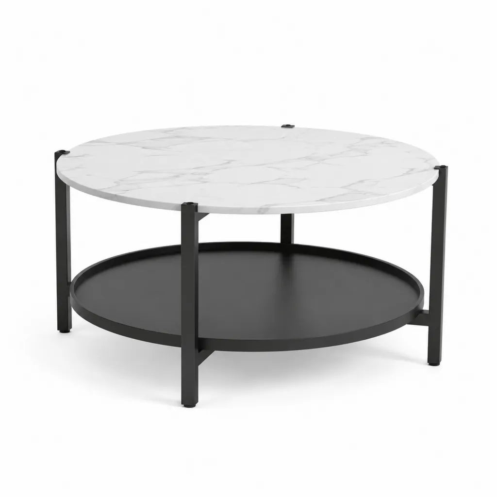 Table basse ronde 80 x 80 x 45 cm plateau effet marbre blanc structure en acier noir avec tablette basse