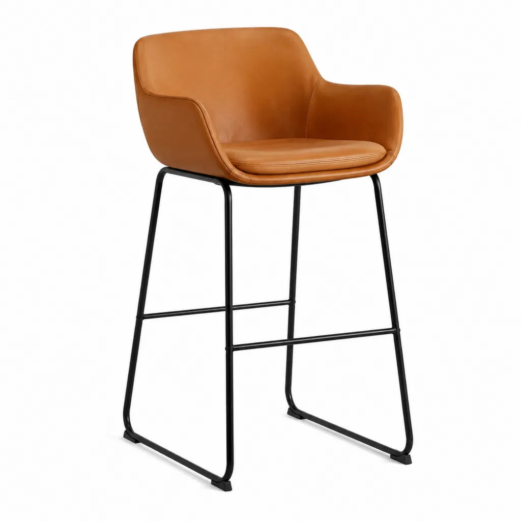 Tabouret de bar avec accoudoirs en cuir synthétique PU caramel et acier noir 52 x 55 x 102 cm