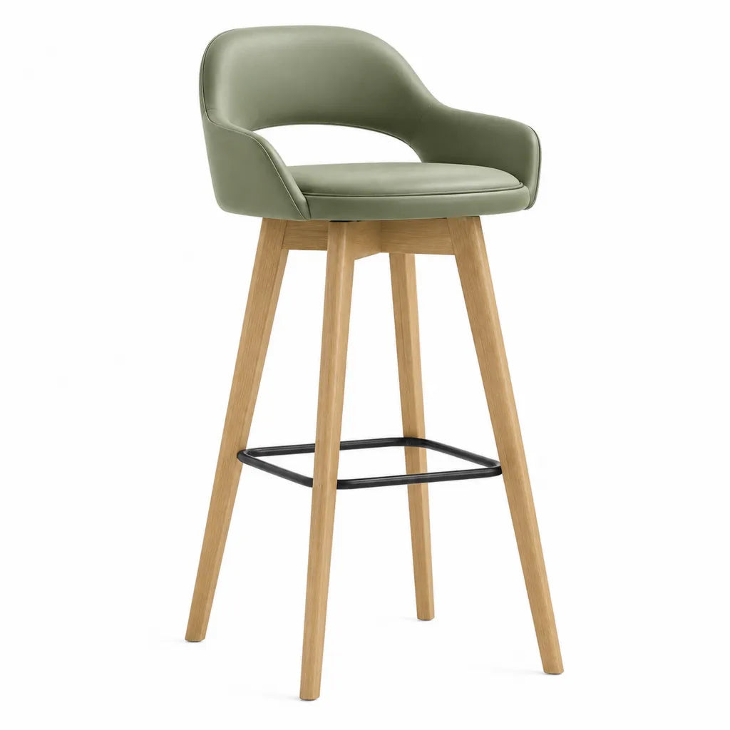 Tabouret de bar avec dossier enveloppant en PU vert olive pieds en hévéa massif 54 x 52 x 99 cm