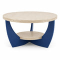 Table basse ronde avec étagère en travertin et MDF bleu diamètre 90 cm hauteur 45 cm