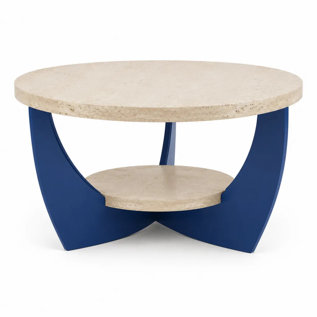 Table basse ronde avec étagère en travertin et MDF bleu diamètre 90 cm hauteur 45 cm