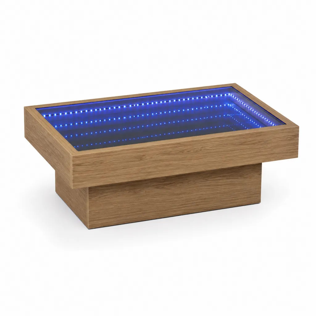Table basse rectangulaire 100 x 60 x 40 cm en panneaux MDF décor chêne avec plateau en verre et éclairage LED bleu