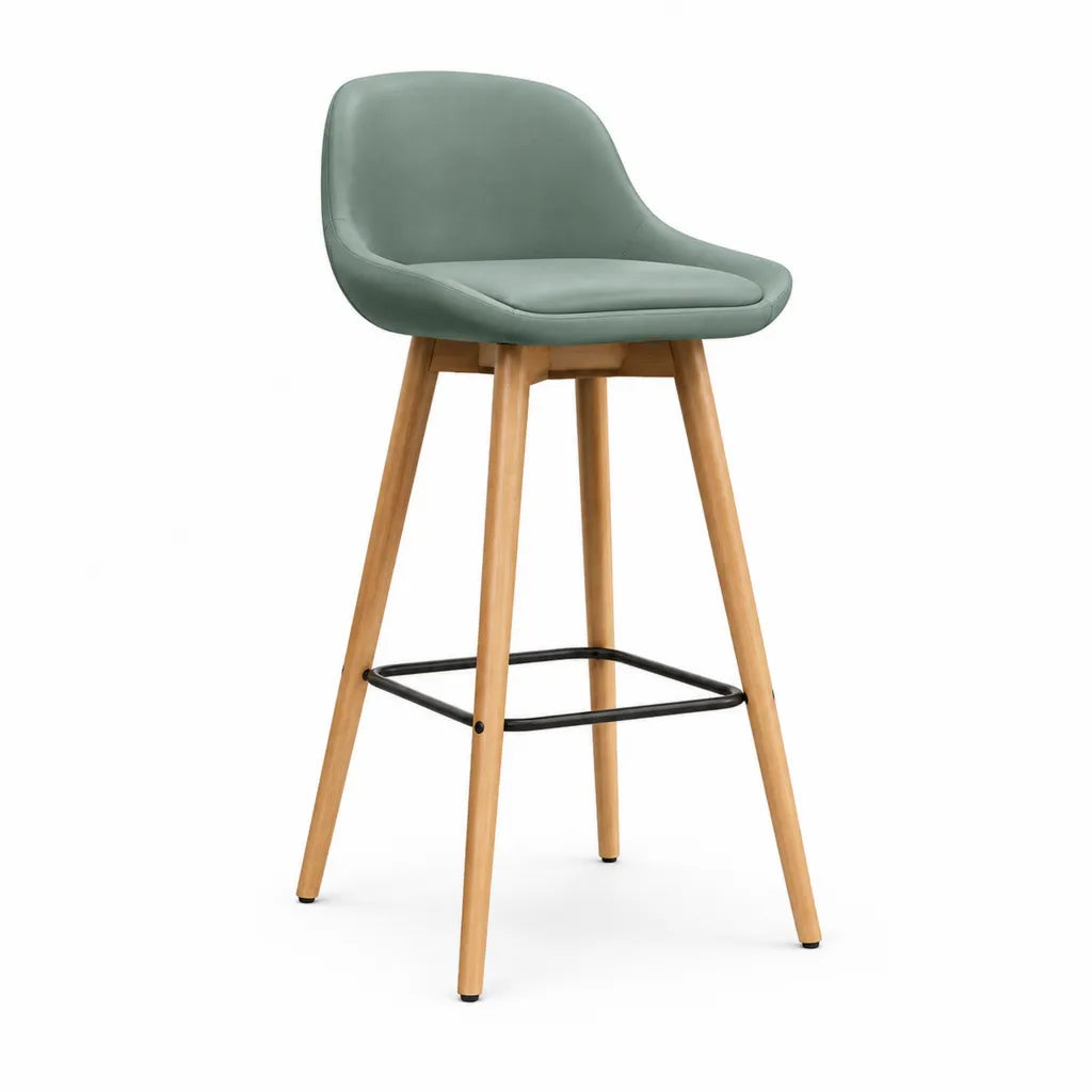 Tabouret de bar avec dossier en PU vert sauge pieds en bois massif d'hévéa 49 x 52 x 102 cm