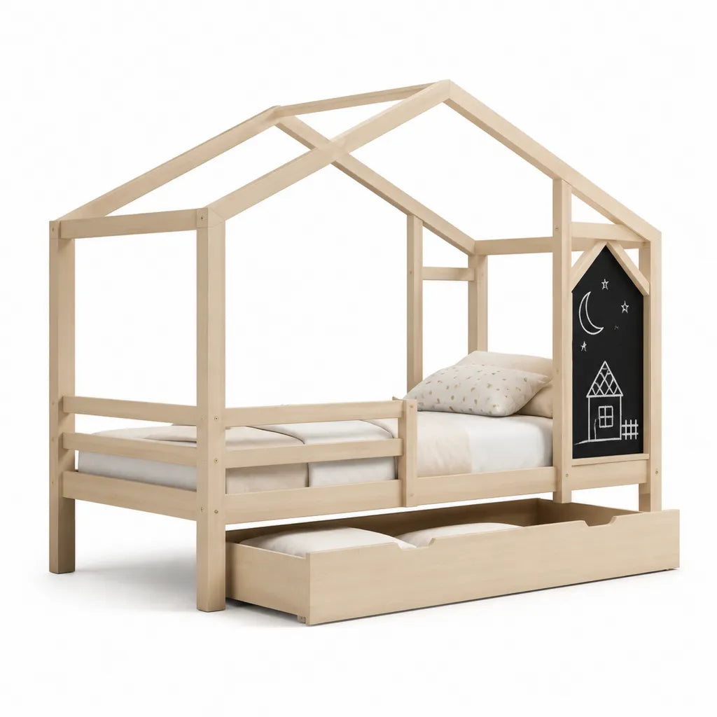Lit cabane enfant avec lit gigogne 90 x 200 cm en pin massif naturel et noir