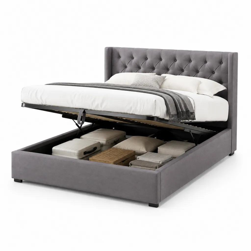 Lit coffre 160 x 200 cm en velours polyester gris avec tête de lit capitonnée
