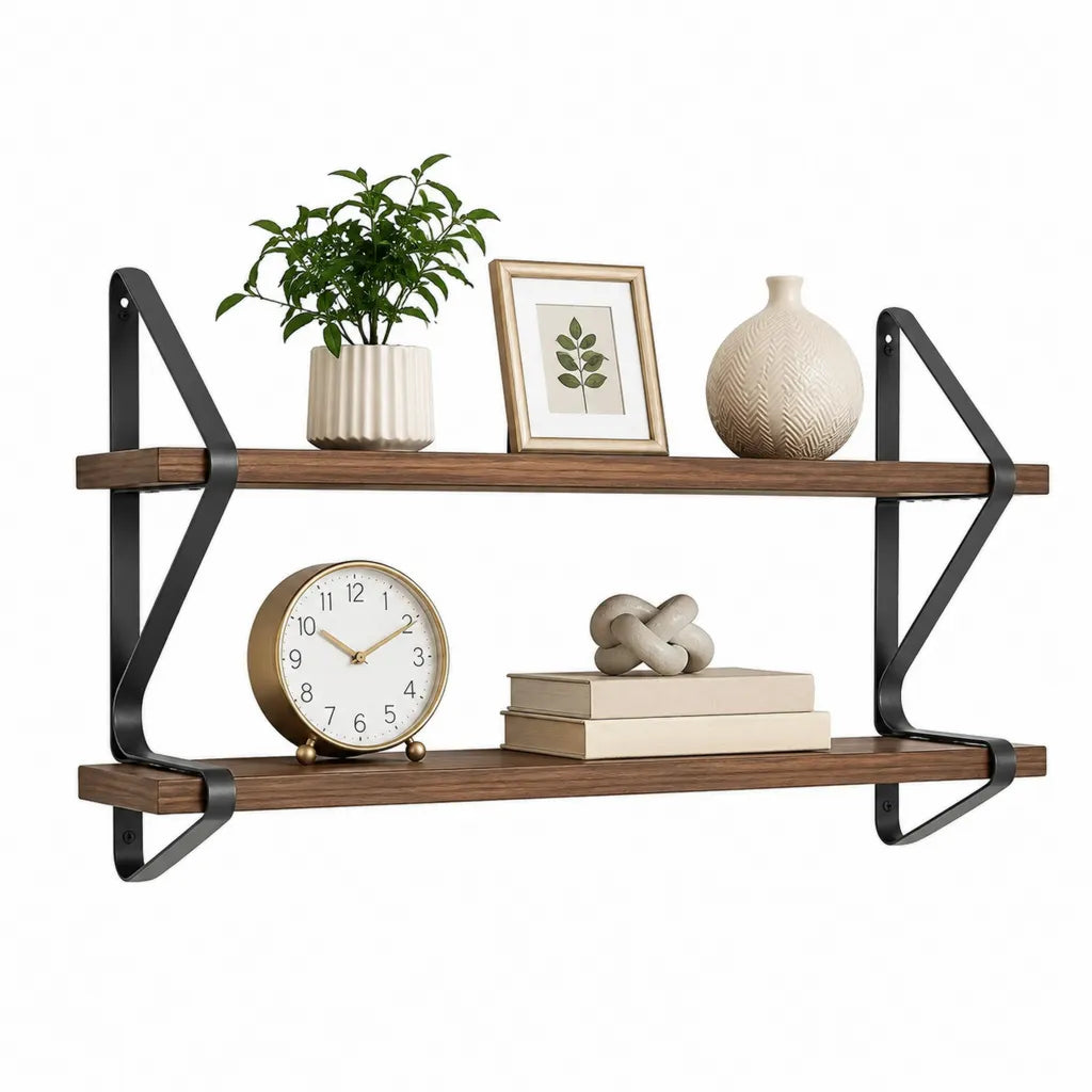 Étagère murale double rectangulaire 120 x 20 x 60 cm en MDF décor noyer avec supports en acier noir