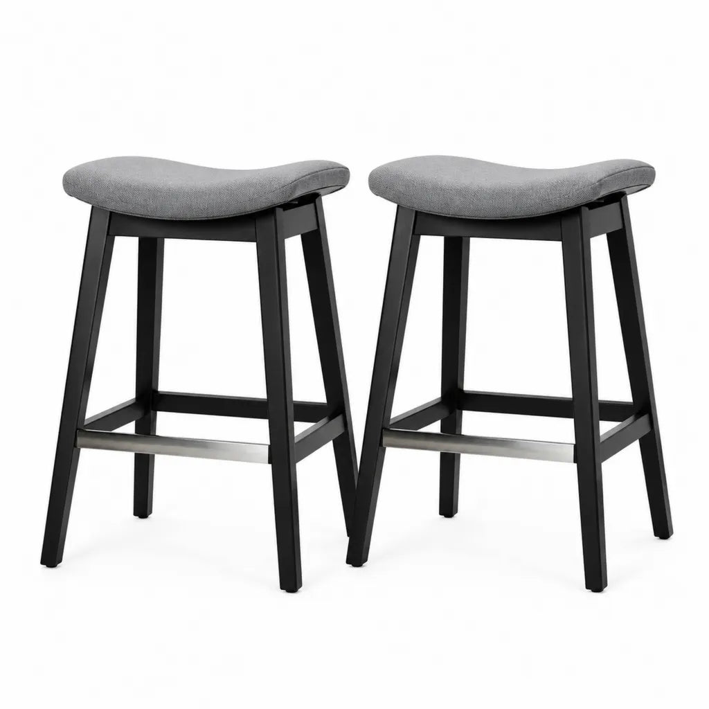 Lot de 2 tabourets de bar à assise incurvée en polyester gris et bois massif noir 43 x 34 x 66 cm