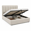 Lit coffre 160 x 200 cm en polyester beige avec tête de lit capitonnée et sommier relevable