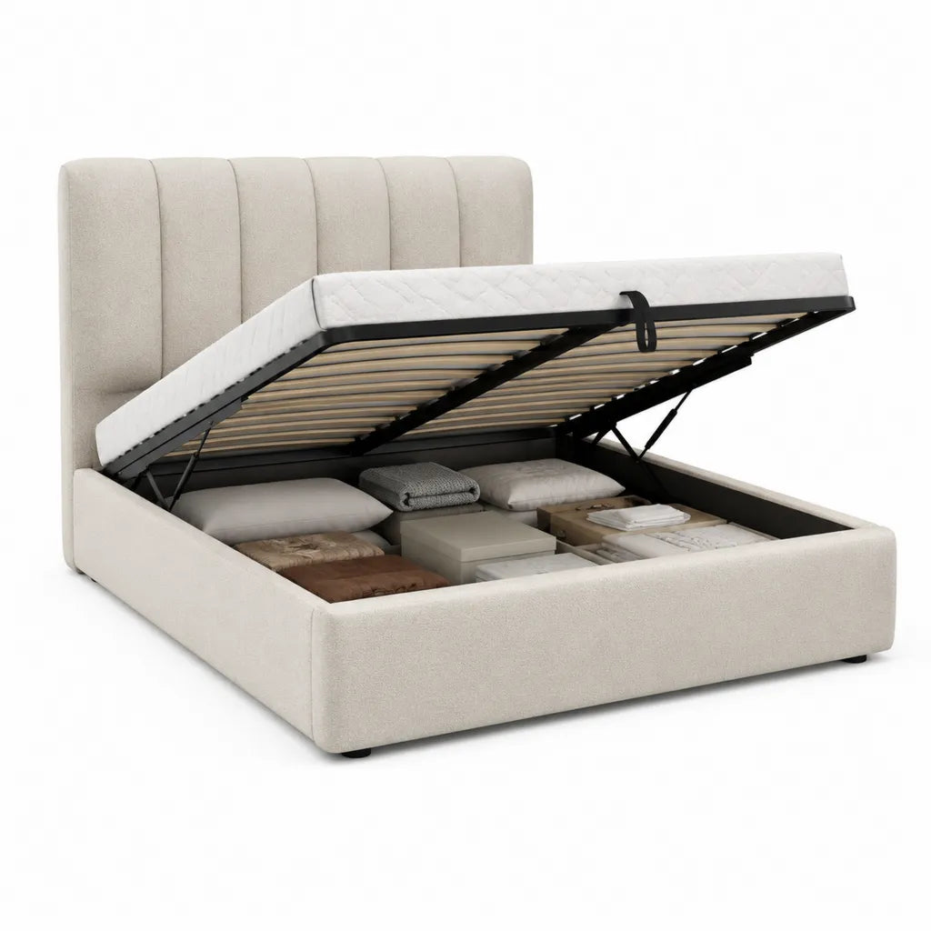 Lit coffre 160 x 200 cm en polyester beige avec tête de lit capitonnée et sommier relevable