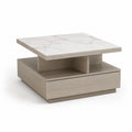 Table basse relevable carrée 80 x 80 x 45 cm en panneaux MDF décor marbre blanc et chêne clair