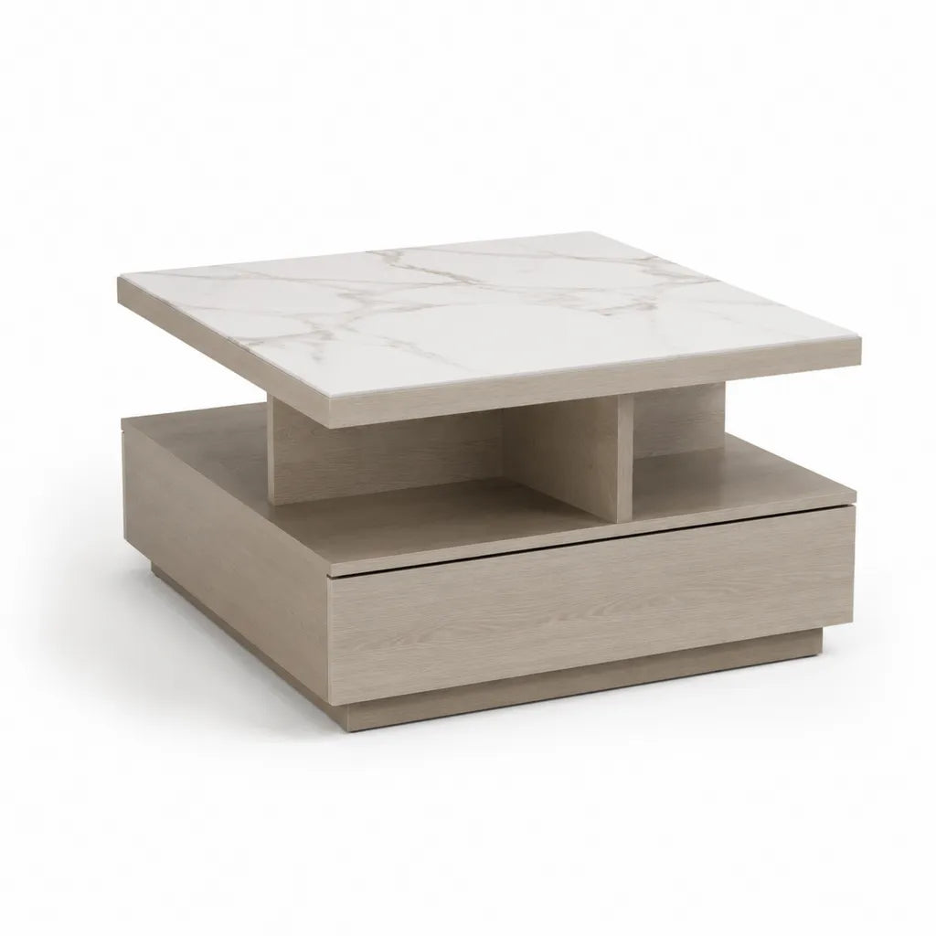 Table basse relevable carrée 80 x 80 x 45 cm en panneaux MDF décor marbre blanc et chêne clair