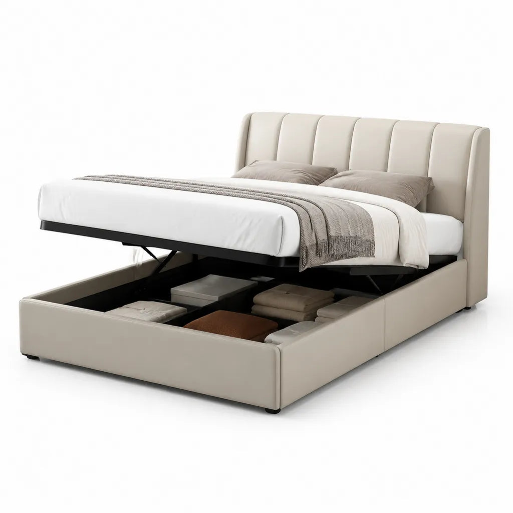 Lit coffre double relevable 160 x 200 cm en cuir synthétique PU rectangulaire beige