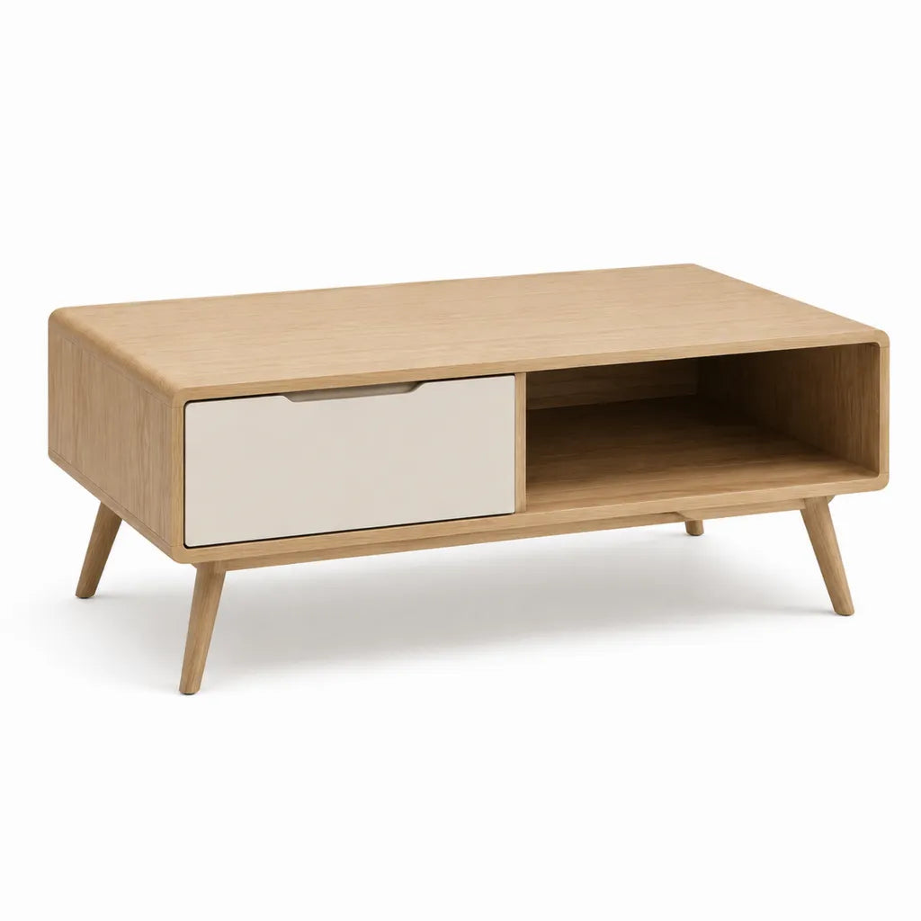 Table basse rectangulaire avec tiroir et niche en MDF plaqué chêne beige 100 x 50 x 45 cm